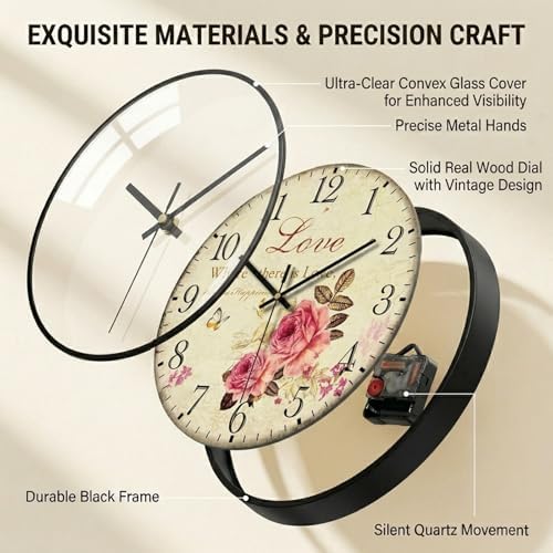 Decorative Wall Clock Battery Operated, 12-Inch Retro Vintage Floral Butterfly Pattern, Glass Dial, Silent Non-Ticking, Roman Numerals, for Living Room Bedroom Office
