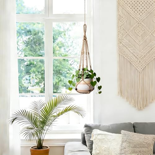 LEWESU 3 Pack Jute Macrame Plant Hanger Indoor 3 Different Sizes Hanging Planter Basket Flower Pot Holder with Wood Beads & No Tassels for Boho Home Decor, 23, 30, 35 Inch, Brown (Pot Not Included)