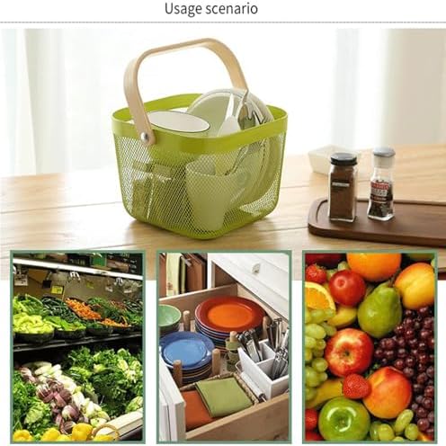 AJIODA Metal Mesh Steel Basket, Storage Organizer Basket Multi-functional Hanging Kitchen Baskets Fruit Basket with Wooden Handle for Kitchen Bathroom Picnic Shopping Decor Cabinet Home, Macaron Green
