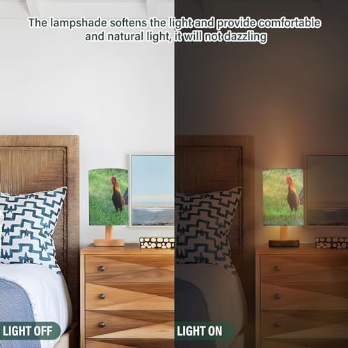 Gamecock Chicken Rooster Cock in Green Field Grass Woodland Table Lamp with Wood Base Fabric Lamp Shade Bedside Nightstand Desk Lamp for Living Room Bedroom Kids Room Office