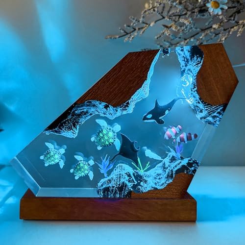 Killer Whale Ocean Resin Lamp with Wooden Base