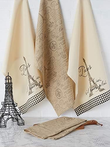 DII French Style Tabletop Kitchen Collection, Dishtowel Set, 18x28, Assorted Eiffel Tower, 4 Piece
