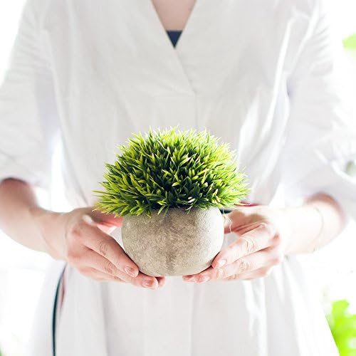 Opps Artificial Plastic Mini Plants Unique Fake Fresh Green Grass Flower in Gray Pot for Home Décor – Set of 3