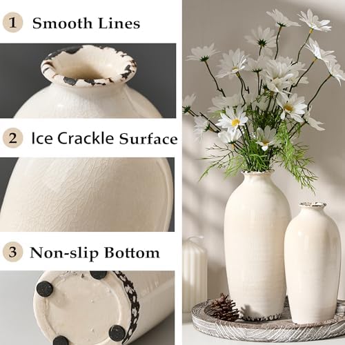 PORCER Ceramic Vases for Home Decor, Ice Crackle Aged White Vintage Ceramic Vase Set of 2, Minimalist Decorative Vase for Table Centerpiece Dining Living Room Office Nightstand Fireplace Decoration