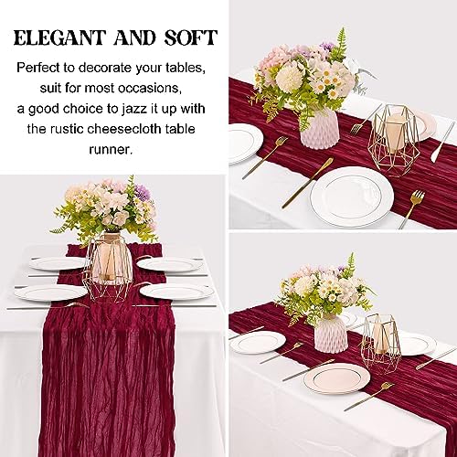 Burgundy 10FT Cheesecloth Table Runner Boho Gauze Fabric Table Runner Rustic Sheer Runner for Wedding Bridal Baby Shower Birthday Party Boho Table Decor（1 Pack Burgundy）