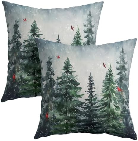 Green Tree Throw Pillow Covers Winter Snowy Forest Pillowcase 22x22 inch 2 PCS Nature Landscape Red Bird Decorative Cushion Cover for Home Patio Sofa Bedroom