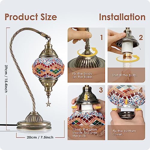 Yarra-Decor Turkish Moroccan Lamp with Bronze Base 3 Color Options Handmade Swan Neck Mosaic Glass Bedside Lamps for Bedroom (LED Bulb Included)(Orange2)