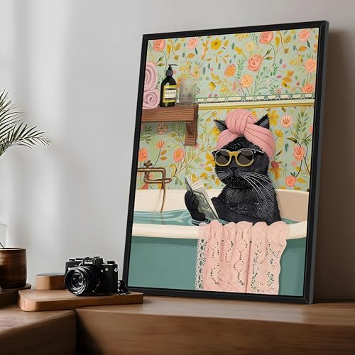 Floating Framed Bathroom Cat Canvas Wall Art, Funny Black Cat Reading Wall Decor, Cute Animal Prints Pictures Posters for Living Room Bedroom Toilet Kids Room Paintings 12x16 inch