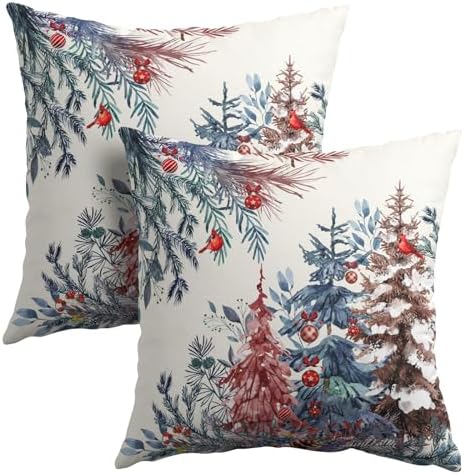Christmas Tree Throw Pillow Covers 18x18 Inch Set of 2 Winter Watercolor Pine Trees Red Berry Bells Birds Decorative Pillowcase Xmas Holiday Cotton Linen Cushion Cover for Home Sofa Couch Patio