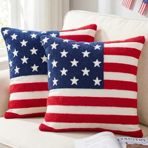 GEEORY Patriotic American Flag Pillow Covers Set of 2 20x20, Chenille