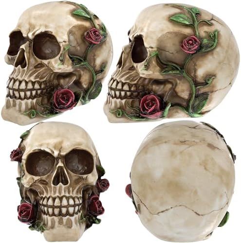 READAEER Human Skull with Rose Resin Statue Small Size Head Sculptures Skull Collectible Figurines