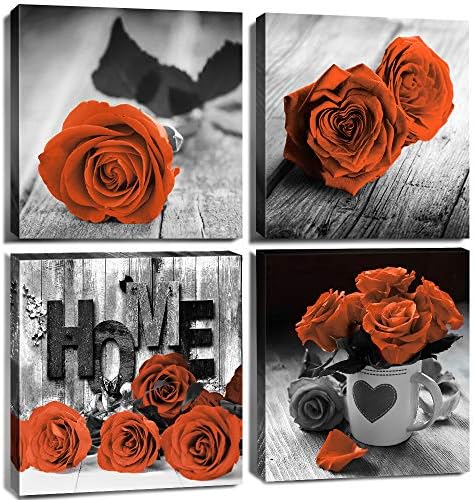 Burnt Orange Wall Art Black and White Living Room Wall Decor Red Rose Flower Canvas Prints Romantic Floral Pictures Love Sign Paintings Artwork Dining Room Kitchen Accessories Home Decorations 20x20”