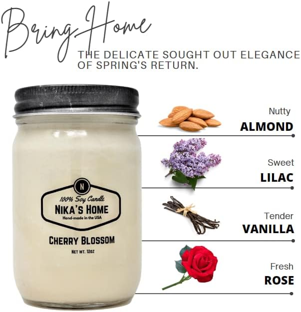 Nika's Home Cherry Blossom Soy Candle - 12oz Mason Jar - Non-Toxic - Hand Poured in The USA, Long Burning 50-60 Hours Highly Scented All Natural, Clean Burning