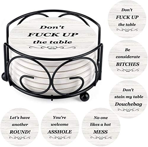 Coasters for Drinks, Funny Drink Coasters Absorbent with Holder 6 Pcs Absorbing Stone Funny Coaster Gift Set Housewarming Gift New Home Apartment Kitchen House Decor Gift for Women Men