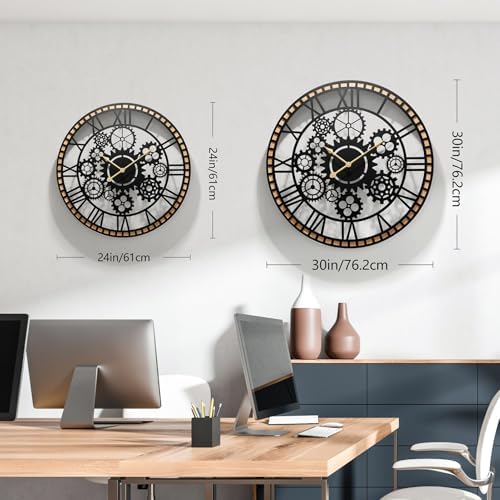 Large Wall Clocks for Living Room Decor，Industrial Gears Large Round Wall Clock 30 Inches Or Larger with Wooden Clock for Office/Living Room/Kitchen/Dining Room Decor