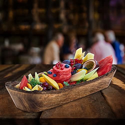 Natural Wooden Tray, Serving Bowl for Salad, Veggies and Fruits, Large Deep Tray for Family, Party (Bark Edge Divided Tray)