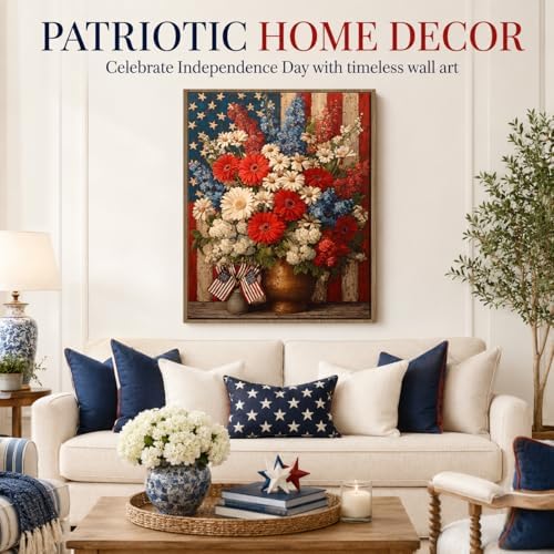 American Flag Framed Canvas Wall Art, 4th of July Patriotic Canvas Prints | Boy Holding USA Flag Poster Print, Modern Independence Day Wall Decor for Living Room Kids Room Dining Room Office 6×8in