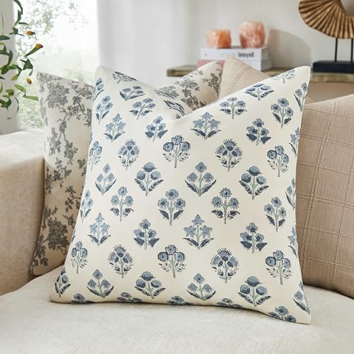 Floral Throw Pillow Covers Set of 2, 18x18 Inches Dusty Blue