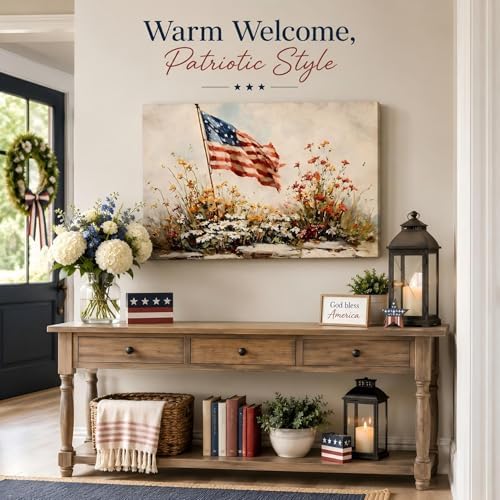 4th of July American Flag Wildflower Canvas Wall Art 8x12in, Framed Patriotic Prints Pictures for Bedroom, Vintage Farmhouse Wall Decor Artwork for Living Room Office Home, Made in USA