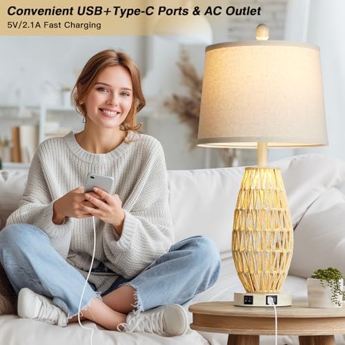 CINSARY 27“ Beige Rattan Table Lamps with Night Light, Boho Bedside Lamps Set of 2, Woven Wicker Bedroom Lamp for Nightstand with USB A+C Charging Port & AC Outlet, Tall Coastal Living Room Lamp
