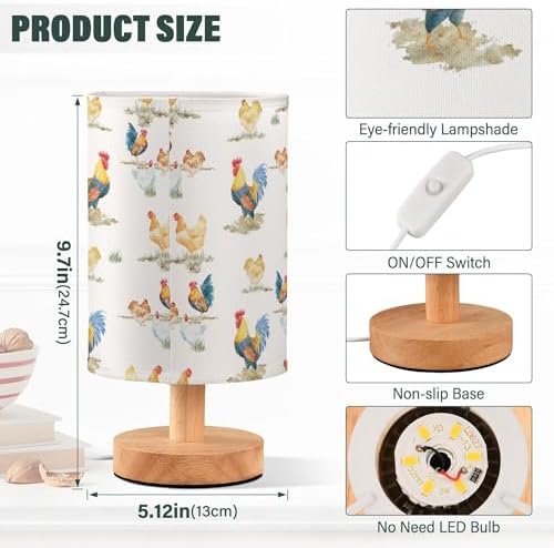 Table Lamp Watercolor Chicken Rooster Hen Rustic Farm Animal Pattern Nightstand Lamp with Wood Base Fabric Lamp Shade Bedside Desk Lamp for Living Room Bedroom Kids Room Office