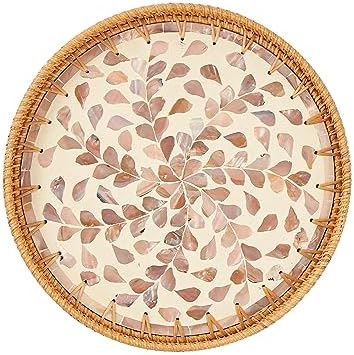 Kmelep Round Rattan Tray with Mother of Pearl Inlay, Rattan Serving Tray with Wooden Base, Decorative Wicker Basket for Table Decor, Storage and Display of Coffee Bread Food Fruit (Wicker)