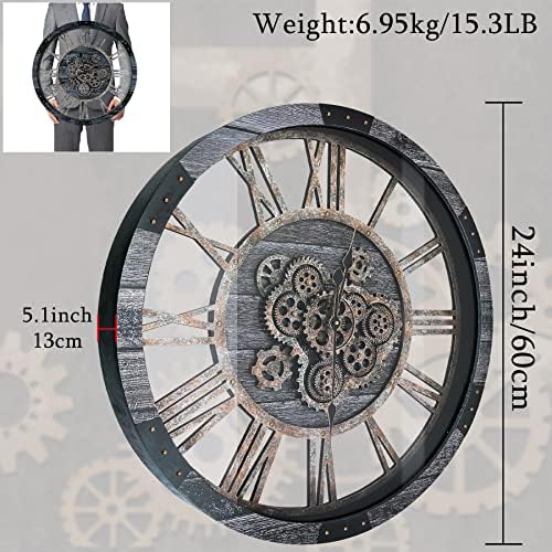 24 Inch Industrial Steampunk Wall Clock, Oversized Solid Wood Frame, Battery Operated, Large Wall Clock with Real Rotating Gears, Gray