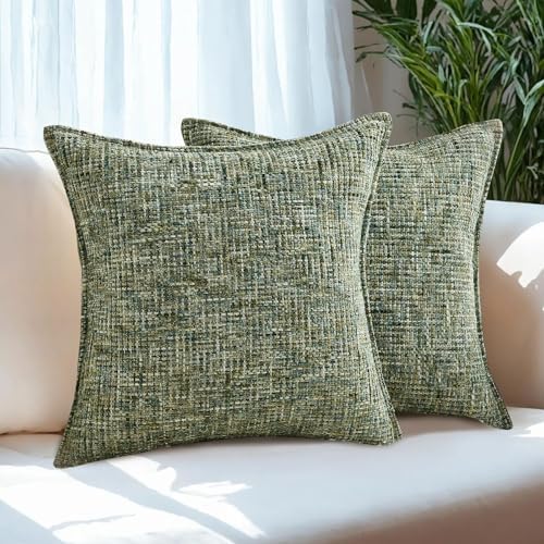 HAUSSY Pack of 2 Chenille Tweed Throw Pillow Covers 26x26 Inch, Dark Green