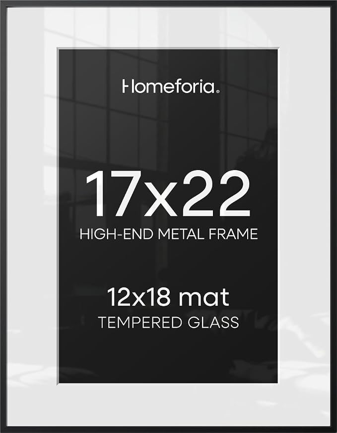 Homeforia 17x22 Black Picture Frame, High-End Metal, 12x18 Mat, Glass