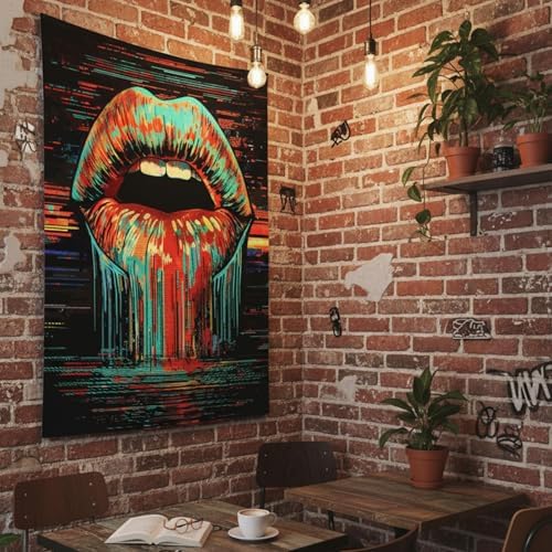 Neasow Hippie Vintage Lips Tapestry, Aesthetic Grunge Decor, Abstract Unique Wall Hanging for Bedroom Dorm Living Room, 60x80 inches