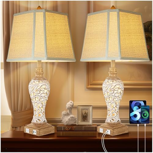 Rustic Table Lamp Set of 2 for Living Room with Night Lights, 28.5" Tall
