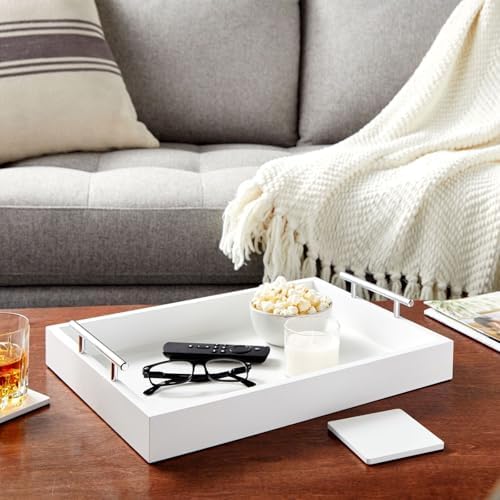 Juvale Ottoman Tray with Coasters & Interchangeable Gold & Silver Handles - 15.7" x 11.8" x 3.1" - White Rustic Wood Rectangular - Coffee Table Tray for Serving & Decorative Accents