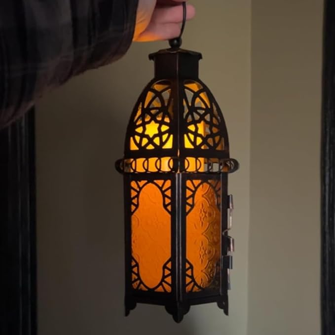 NEEDOMO 12.8'' Moroccan Lanterns Decorative Indoor & Outdoor, Vintage Christmas Candle Holder, Metal Lanterns Decorative, Table, Patio, Porch, Shelf, Christmas Spring Halloween Home Decor (Amber)