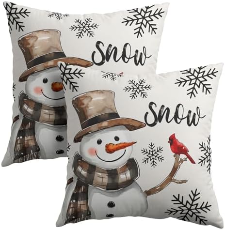 Snowman Throw Pillow Cover Christmas Pillowcase 24x24 Inch Set of 2 Snowflake and Red Cardinal Bird Decorative Cushion Cover Winter Holiday Pillow Protector for Home Sofa Bedroom Decor