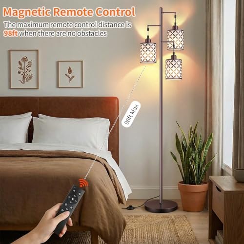 72" Dimmable Floor Lamp with Remote & Timer, Industrial Farmhouse Rustic Standing Lamp for Living Room Bedroom, 3 Individually Controlled Heads, 2 Height Options, 3 x LED Bulbs Included