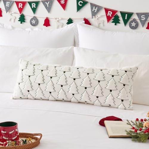 Kevin Textile Christmas Tree 14x36 Inch Long Lumbar 1 Pack Luxury Embroidery Soft Plush Faux Fur Rectangle Cushion Case for Couch Sofa Holiday Festivals Winter Xmas Gift, Cream White & Green