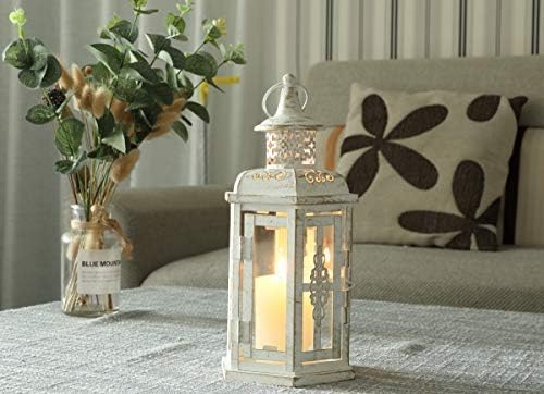 JHY DESIGN Decorative Candle lantern-10inch High Vintage Style Hanging Lantern Metal Candleholder for Indoor Outdoor Events Parities and Weddings (White with Gold Brush)