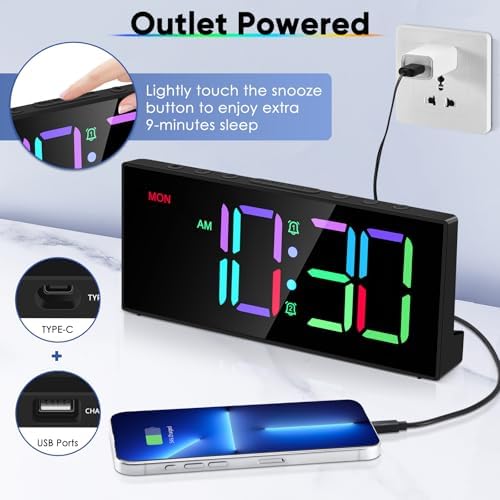 Tetino Alarm Clock for Heavy Sleepers, Digital Clocks with Adjustable Volume Brightness,Snooze,Battery Backup, Large Numbers Display RGB Colorful Changing Clock for Bedrooms,Office Living Rooms