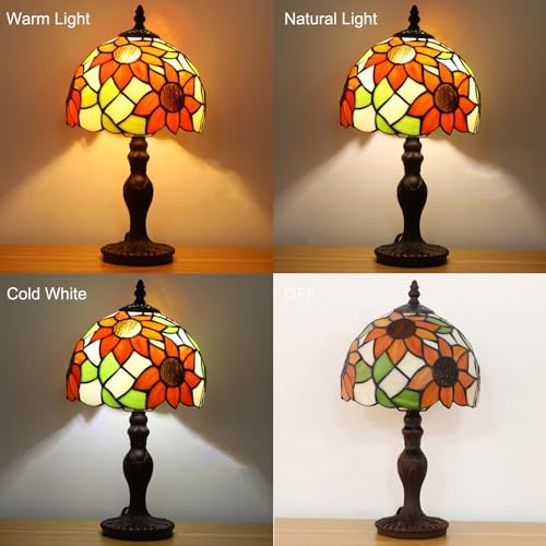 Tiffany Table Lamp,3 Color-Temperature Sunflower Stained Glass Lamp,8X8X15 Inch Small Accent Antique Nightstand Bedside Table Lamps for Bedroom Living Room Home Office Light +LED Bulb