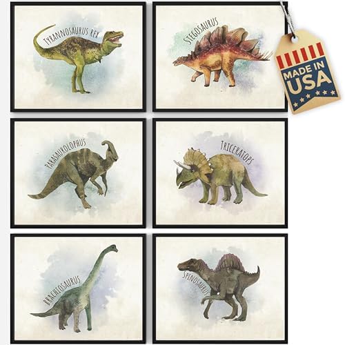Dinosaur Wall Decor Art Prints (Set of 6) - Unframed - 8x10s | Set includes Tyrannosaurus Rex (T-Rex), Stegosaurus, Triceratops, Parasaurolophus, Apatosaurus, and Spinosaurus | Kids Wall Decor