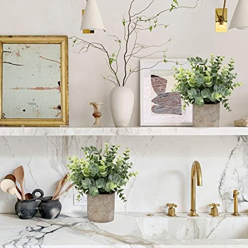 Mini Potted Plants Artificial Eucalyptus Boxwood Rosemary Faux Herbs Small House Plants 8.3"-9" Tall for Indoor Greenery Tabletop Décor Centerpiece (Sprayed Eucalyptus)
