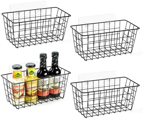 ZUSHALLMY 4 Pack Wire Baskets for Wall, No Drill Adhesive Kitchen Storage