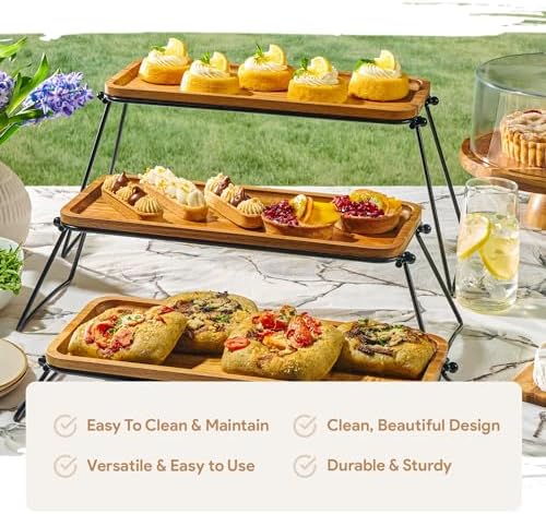 Homesphere 3 Tiered Tray Stand - Acacia Wood 3 Tier Serving Tray, Cupcake, Cake, Charcuterie Boards & Food Stand, Dessert Table Display Set, Wooden Party Serving Platters with Foldable Metal Supports