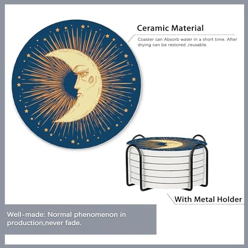 Drink Coasters Set of 6 with Holder,Gold Sun Moon Clouds Stars Absorbent Ceramic Coasters with Cork Base,Fit All Cups,Tabletop Protection Mat for Mugs and Cups,Office,Kitchen
