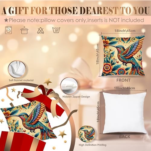 Gorgeous Hummingbird Pillow Covers 18x18, Bird Decor for Home, Colorful Fantastic Humming Bird Wildflower Decorative Throw Pillow Covers, Hummingbird Gifts for Women
