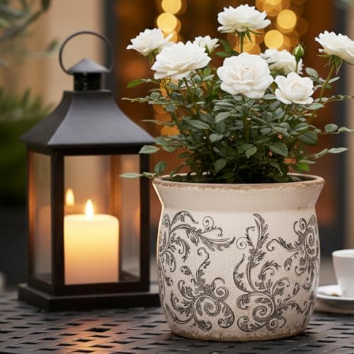 Rustic Ceramic Planter & Kitchen Utensil Holder, 6.21 Inch Vintage Crackle Glazed Flower Pot with Drainage Hole for Indoor Plants, Tuscan Living Room & Balcony Decoration, Gift for Mom (Gray)