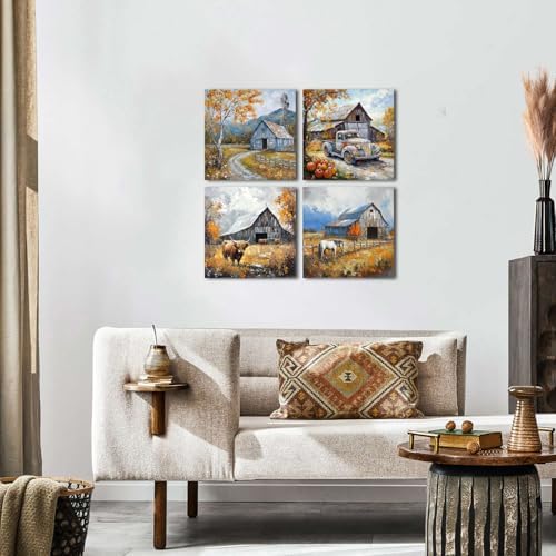 Colorful Wildflower Wall Art Farmhouse Barn Pictures Wall Decor Autumn Forest Painting Rustic Windmill Truck Horse Canvas Prints Country Artwork for Bedroom Living Room Home Decoration 20x20" 4Pcs