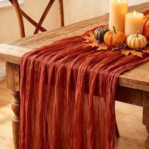 Fall Table Runner, 10FT Thanksgiving Terracotta Cheesecloth Table Runner 35*120inch Burnt Orange Decor for Autumn Fall Wedding Baby Shower Friendsgiving Thanksgivig Home Kitchen Table Decorations