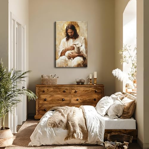 Jesus and Lamb Canvas Wall Art Jesus Saves the Lost Lamb Pictures Wall Decor God Leaving 99 Sheep Poster Prints Christian Religious Painting Artwork for Living Room Bedroom Church 12x16 Inch