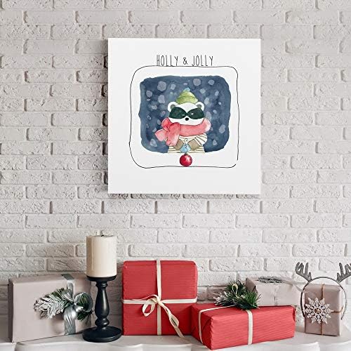 Renditions Gallery Abstract Animal Wall Art for Home Decor Holly & Jolly Christmas Raccoon Canvas Hanging Artwork for Dining Living Room Kitchen Decorations - 16"X16" LT05